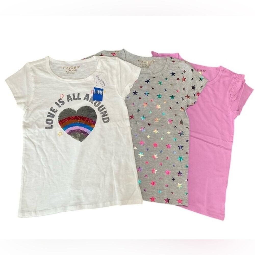 Vigoss Girl's T-Shirts Heart Sequin 3 Shirt Set Size Large NWT